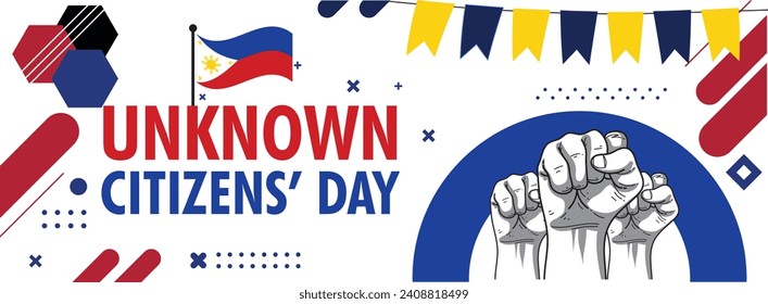 Unknown Citizens’ Day or Unknown Citizens’ Day banner with retro abstract geometric shapes, Philpinese flag and map. blue, colors scheme.Unknown Citizens’. Vector Illustration