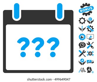 Unknown Day Calendar Page icon with bonus tools graphic icons. Vector illustration style is flat iconic symbols, blue and gray, white background.