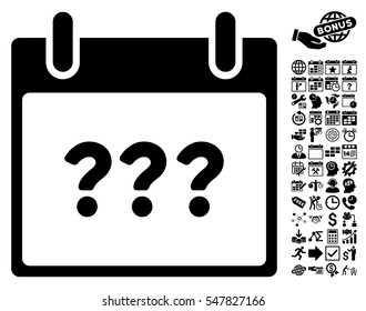 Unknown Day Calendar Page icon with bonus calendar and time management clip art. Vector illustration style is flat iconic symbols, black, white background.