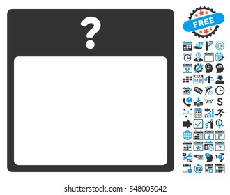 Unknown Day Calendar Page icon with bonus calendar and time management images. Vector illustration style is flat iconic symbols, blue and gray, white background.