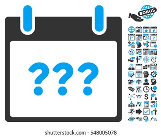 Unknown Day Calendar Page icon with bonus calendar and time management graphic icons. Vector illustration style is flat iconic symbols, blue and gray, white background.