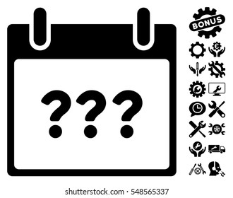 Unknown Day Calendar Page icon with bonus settings graphic icons. Vector illustration style is flat iconic symbols, black, white background.
