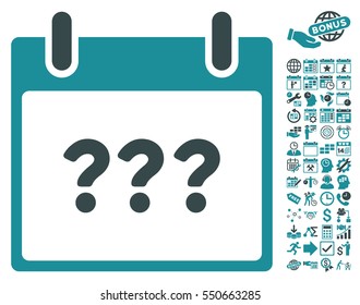 Unknown Day Calendar Page icon with bonus calendar and time management icon set. Vector illustration style is flat iconic symbols, soft blue, white background.
