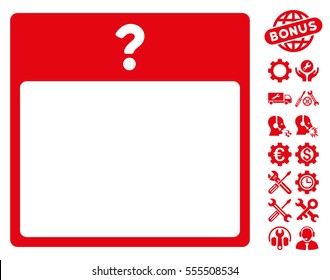 Unknown Day Calendar Page icon with bonus tools pictograms. Vector illustration style is flat iconic symbols, red, white background.
