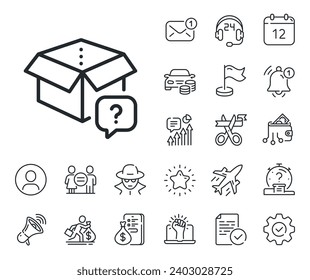 Unknown delivery box sign. Salaryman, gender equality and alert bell outline icons. Secret package line icon. Question mark symbol. Secret package line sign. Spy or profile placeholder icon. Vector