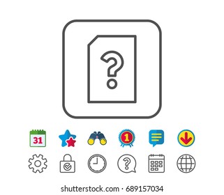 Unknown Document line icon. File with Question mark sign. Untitled Paper page concept symbol. Calendar, Globe and Chat line signs. Binoculars, Award and Download icons. Editable stroke. Vector