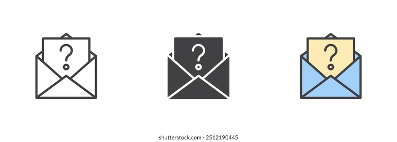 Unknown email different style icon set. Line, glyph and filled outline colorful version, outline and filled vector sign. Letter with question mark symbol, logo illustration. Vector graphics