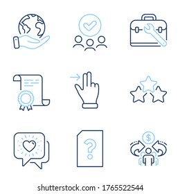 Unknown file, Ranking stars and Touchscreen gesture line icons set. Diploma certificate, save planet, group of people. Sharing economy, Friends chat and Tool case signs. Vector