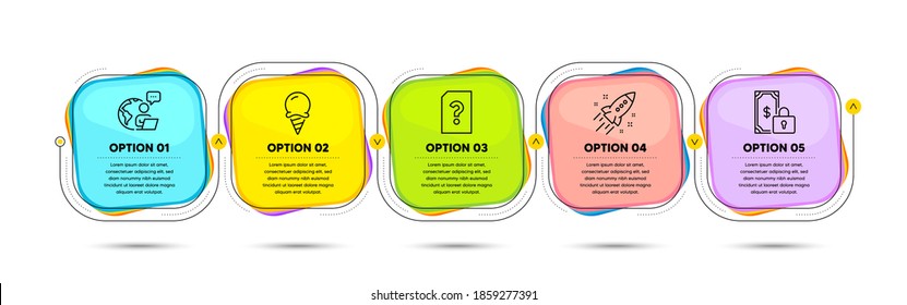 Archivo desconocido, Juego de iconos de línea de crema de hielo y cohete de inicio. Diagrama de flujo del proceso de línea de tiempo. Signo de pago privado. Doc con signo de interrogación, Innovación empresarial, Cono Sundae. Financiamiento seguro. Vector