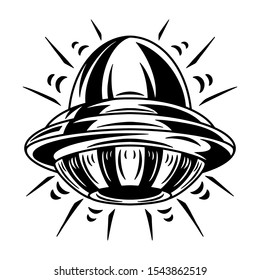 Unknown flying object. Design idea for t-shirt print in vintage monochrome style. Design element for poster, card, banner. Vector illustration.