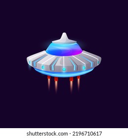 Unknown flying object invader spaceship animation game asset, sci fi saucer futuristic ufo isolated. Vector martian galaxy spacecraft, intergalactic flying alien spaceship with dome, toy craft