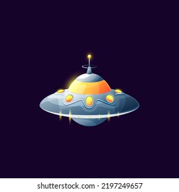 Unknown flying object invader spaceship intergalactic flying object isolated. Vector extraterrestrial alien spaceship with dome, toy cartoon craft ufo, animation game design element. Sci fi saucer