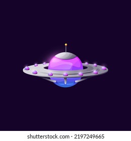 Unknown flying object isolated cartoon craft ufo animation game design element. Vector saucer sci fi spacecraft uinvader spaceship intergalactic flying extraterrestrial alien spaceship with dome, toy