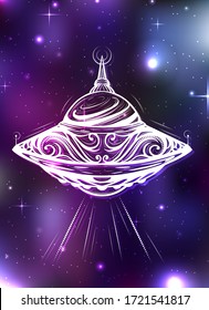 Unknown flying object on space background. UFO with decoration and tracery pattern on universe background. Aliens and the first contact. White silhouette for sticker, print, tattoo and your creativity