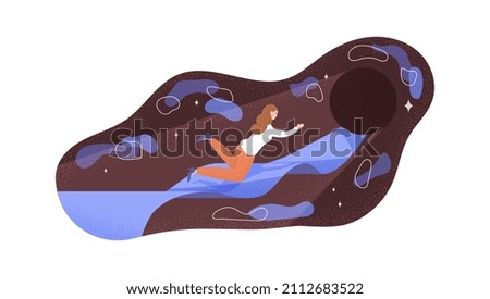 Unknown future concept. Girl flies to planet, character in galaxy. Uncertainty, fears and worries. Global life questions, existential reflections, universe concept. Cartoon flat vector illustration