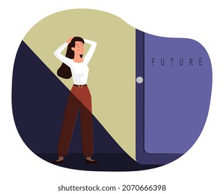 Unknown Future Concept. Girl Stands And Holds Her Head With Her Hands. Character Experiencing, Fear, Panic. Employee May Be Fired, Difficulties At Work, Scary. Cartoon Flat Vector Illustration