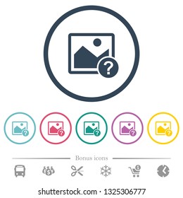 Unknown image flat color icons in round outlines. 6 bonus icons included.