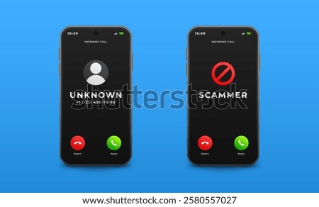 Unknown incoming call on the smartphone screen, vector illustration. The scammer is calling.