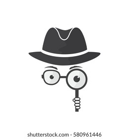 Unknown man in hat, spectacles and a magnifying glass in hand. Inspector. Detective icon