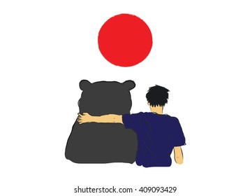 Unknown man hug the big bear for encourage by my own  sketch drawing under the red circle of Japan flag 
