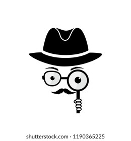 Unknown man with a mustache in hat, spectacles and a magnifying glass in hand. Inspector. Detective icon.