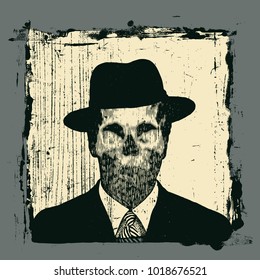 Unknown Man With A Skull Instead Of A Face, In A Retro Hat. Vector Illustration.