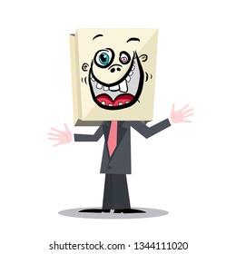 Unknown Man in Suit with Paper Bag on Head with Crazy Funky Smiling Face Vector Illustration