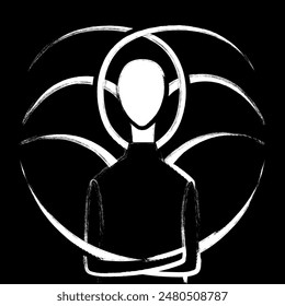 Unknown man without face crosses slender sharpened arms, long scary tentacles spreads on background, black and white icon or emblem