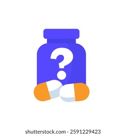 unknown medication icon with bottle and pills, flat design