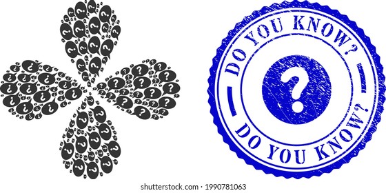 Unknown message exploding flower with four petals, and blue round DO YOU KNOW Query textured rubber print with icon inside. Element flower with 4 petals combined from oriented unknown message items.
