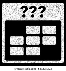 Unknown Month Calendar Grid grainy textured icon for overlay watermark stamps. Flat symbol with dust texture. Dotted vector white ink rubber seal stamp with grunge design on a black background.