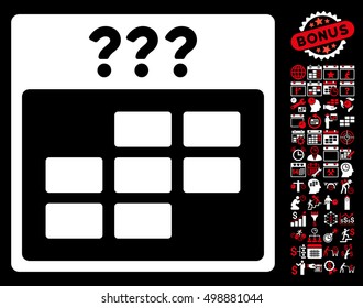 Unknown Month Calendar Grid icon with bonus calendar and time management pictograms. Vector illustration style is flat iconic symbols, red and white, black background.