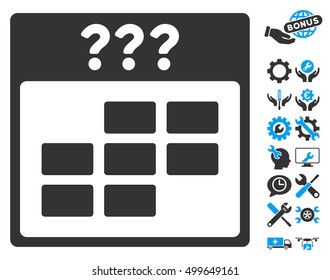 Unknown Month Calendar Grid icon with bonus settings clip art. Vector illustration style is flat iconic symbols, blue and gray, white background.