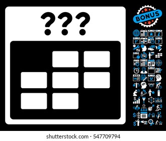 Unknown Month Calendar Grid icon with bonus calendar and time management symbols. Vector illustration style is flat iconic symbols, blue and white, black background.