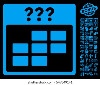 Unknown Month Calendar Grid icon with bonus calendar and time management pictures. Vector illustration style is flat iconic symbols, blue, black background.
