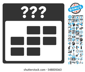 Unknown Month Calendar Grid icon with bonus calendar and time management design elements. Vector illustration style is flat iconic symbols, blue and gray, white background.