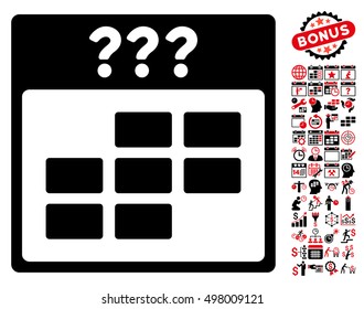 Unknown Month Calendar Grid pictograph with bonus calendar and time management symbols. Vector illustration style is flat iconic symbols, intensive red and black, white background.
