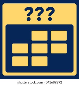 Unknown Month vector icon. Style is flat symbol, yellow color, rounded angles, blue background.