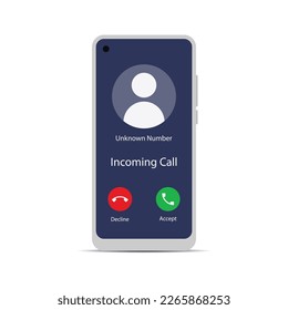 Unknown number calling smartphone screen mockup, unknown caller incoming call. Decline or accept an incoming call vector illustration in flat style design isolated on white background. Eps 10 file.