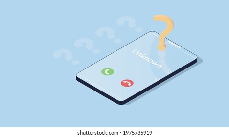 Unknown number. Isometric vector illustration. 3d model smartphone isolated on a blue background. Phone interface with two icons accept or reject a call