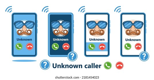 Unknown Number Phone Call, Incoming Anonymous Caller On Mobile Phone Screen Icon. Unfamiliar Incognito Person Ringing. ID Stranger Identification. Fake Mask With Glasses, Mustache. Anonymity. Vector