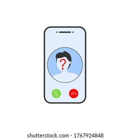 unknown number phone icon. mobile screen with a stranger person icon. accept or reject an incoming. concept of secret incognito caller. blue flat design. simple icon isolated on white background