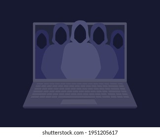Unknown people on the internet. Dark vector illustration, cartoon flat design modern style 