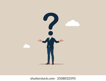Unknown person. Anonymous businessman with question mark head person. 5w1h asking questions for solution to solve problem. Flat vector illustration