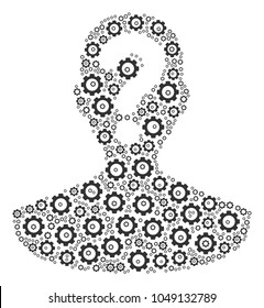 Unknown Person composition of cog wheels. Vector cog wheel parts are composed into unknown person pattern.