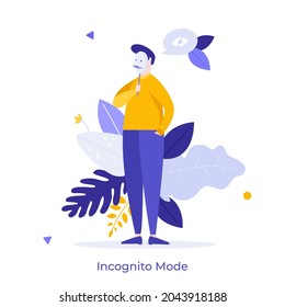 Unknown Person Covering Its Face With Mask. Concept Of Incognito Mode In Internet Browser, Anonymous Online Surfing Or Private Browsing. Modern Flat Colorful Vector Illustration For Banner, Poster.