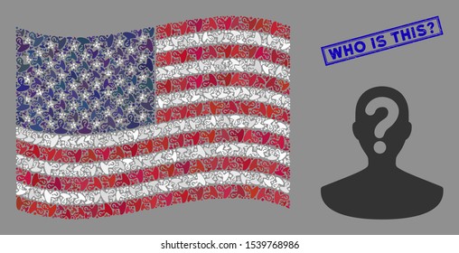 Unknown person items are combined into USA flag mosaic with blue rectangle grunge stamp seal of Who Is This? caption.