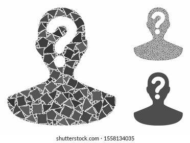 Unknown person mosaic of trembly items in variable sizes and color tints, based on unknown person icon. Vector humpy pieces are combined into mosaic. Unknown person icons collage with dotted pattern.
