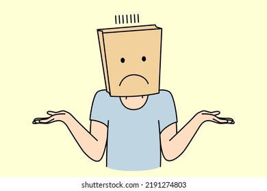 Unknown person and paper bag hand feel confused   frustrated  Man woman and package and face expression feeling doubts  Vector illustration  