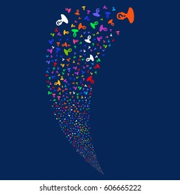 Unknown Person random fireworks stream. Vector illustration style is flat bright multicolored iconic symbols on a blue background. Object fountain made from scattered icons.